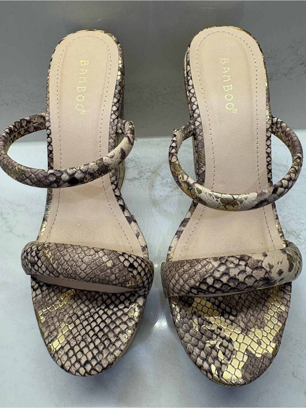 BAMBOO Taupe Snake-Print Platform Sandals with Gold Accents